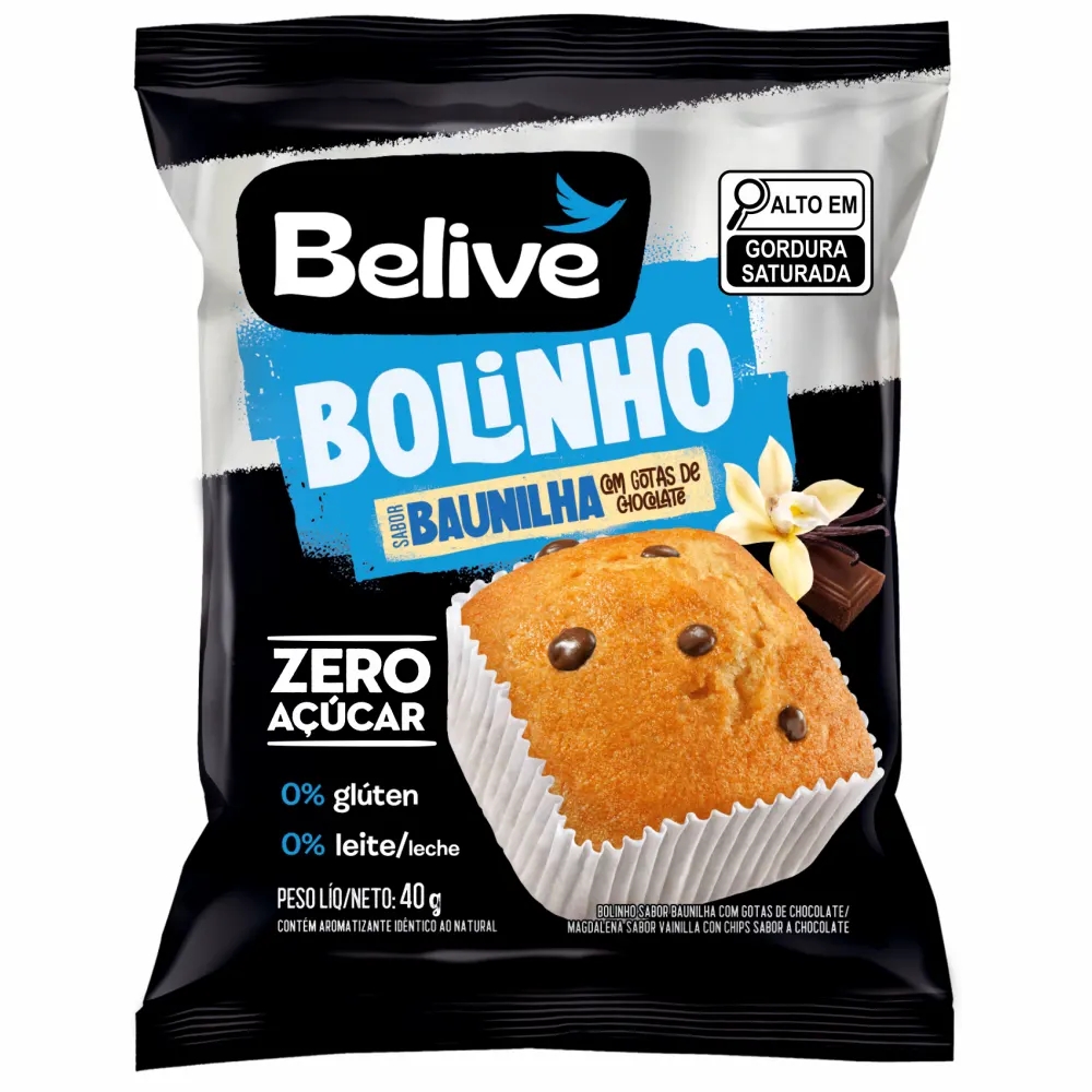 Bolinho Belive Sem Açúcar Sem Glúten Sem Leite - Baunilha com Gotas de Chocolate
